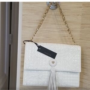 Versace Vanitas white patent baroque quit bag